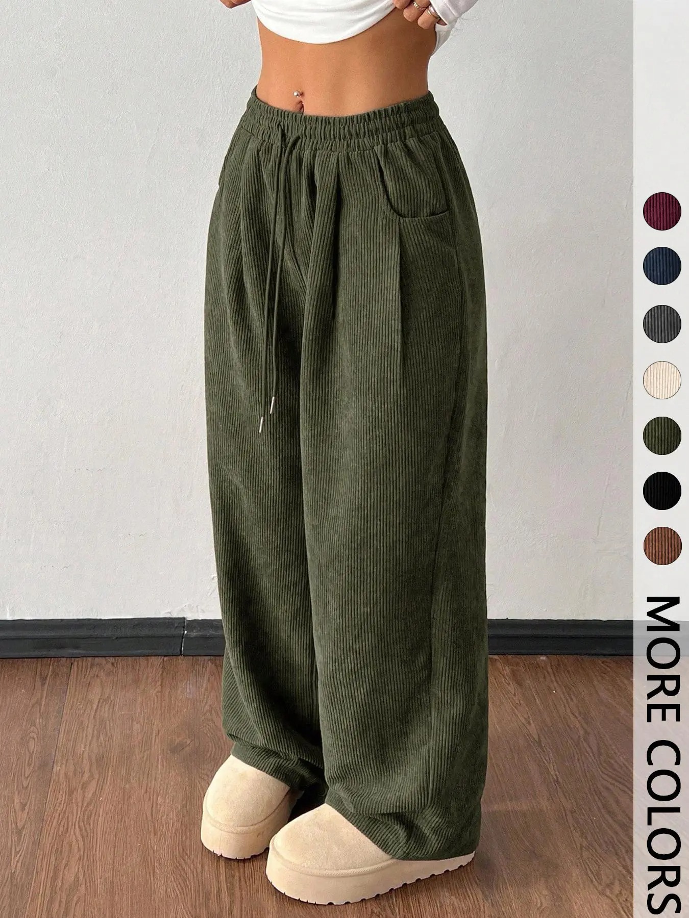 Women's Vintage Appeal Basic Loose-Fitting Baggy Solid Corduroy Drawstring Adjustable Bottom Pants 