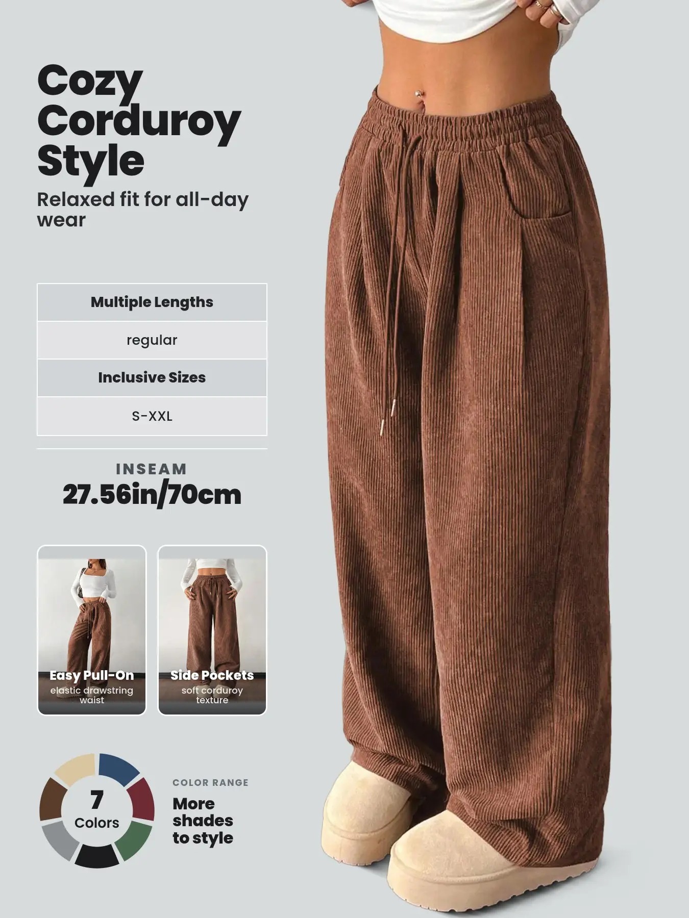 Women's Vintage Appeal Basic Loose-Fitting Baggy Solid Corduroy Drawstring Adjustable Bottom Pants 