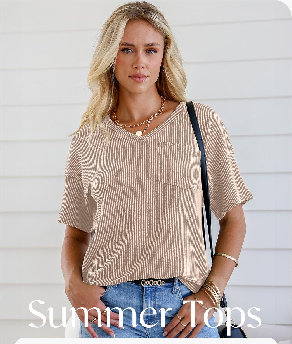 EVALESS Women's Oversized Summer T Shirts Tops V Neck Short Sleeve Ribbed Knitted Casual Loose Fit Blouses with Pocket 2026 Womenswear Outfits Summervibes Deals For You Days summer outfits