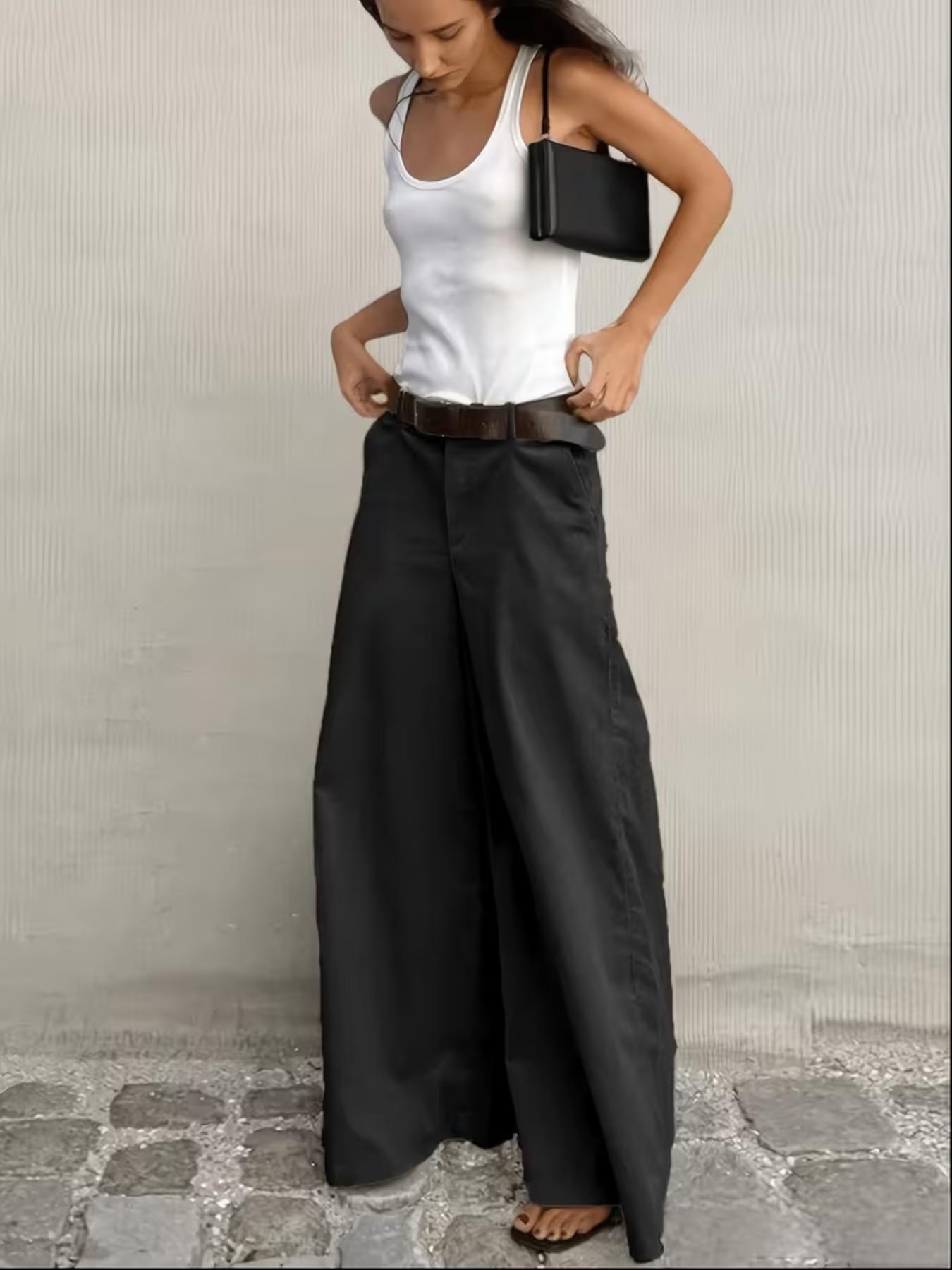 Women's Fashion Elegant Casual Office Pants, Solid Color Wide Leg, Comfortable Soft Material, 2 Pockets, No Belt, All Seasons