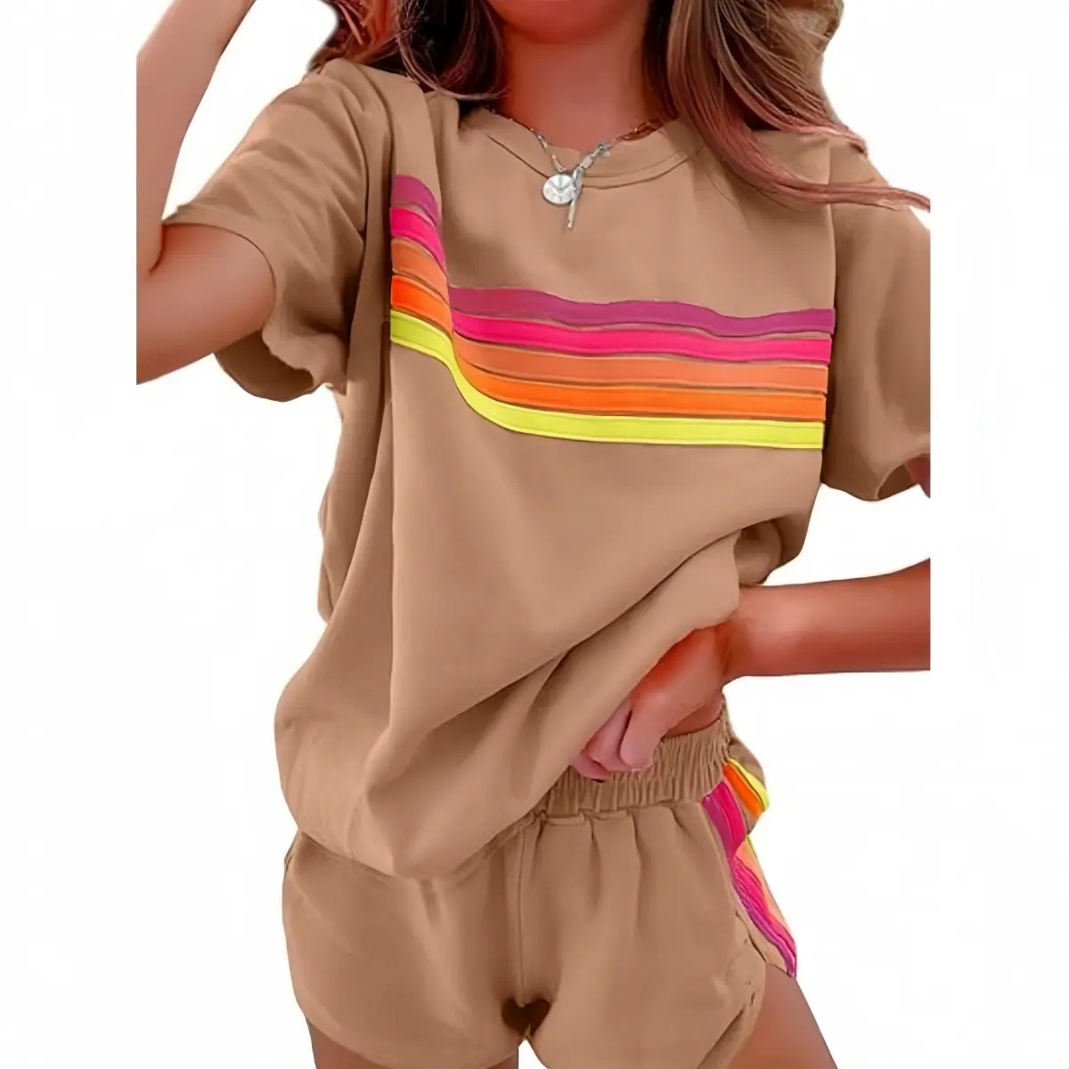 Women's Short 2-Piece Rainbow Strip Outdoor Sportswear Set - Loose Fit Crop Top & Bottoms