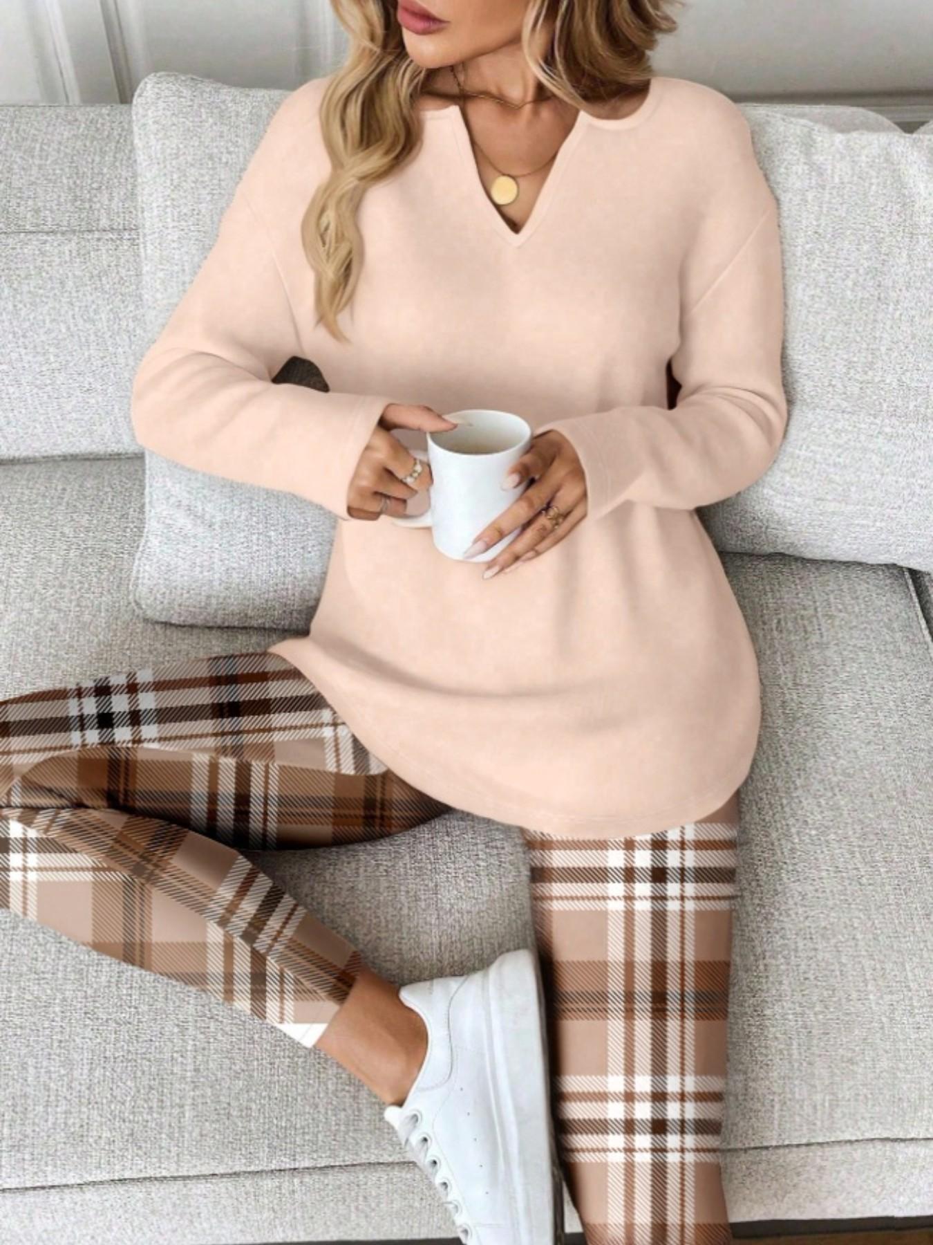 2pcs/Set Women Long Sleeve T-Shirt And Leggings, spring/Autumn/Winter Work From Home Outfit Comfortable Outfits For Women 2 Piece Lounge Sets Woman Lounge Wear Breakfast Outfits For Women