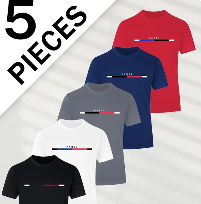 5-piece men's daily casual short-sleeved crew neck T-shirt, breathable and lightweigh