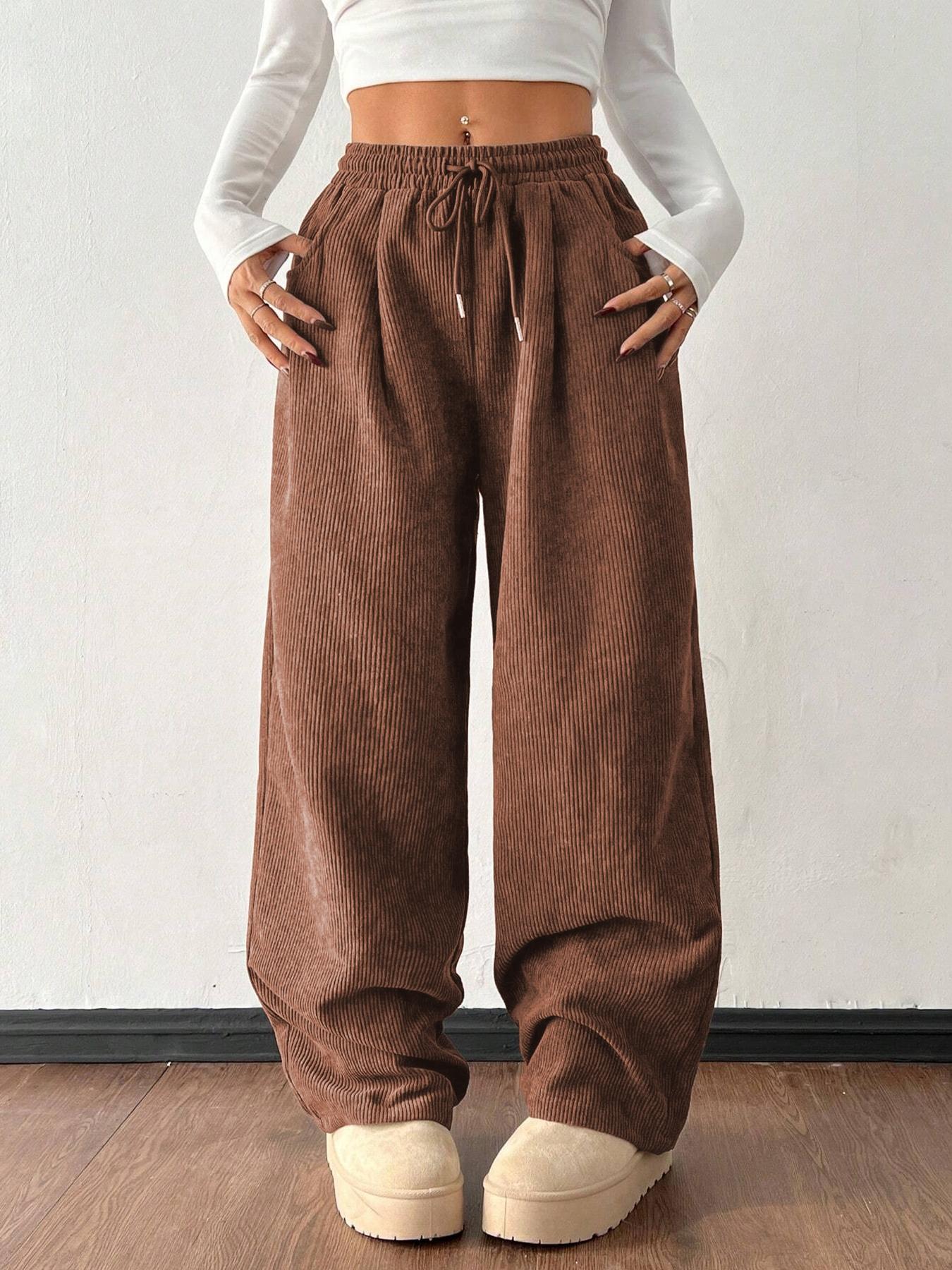 Women's Vintage Appeal Basic Loose-Fitting Baggy Solid Corduroy Drawstring Adjustable Bottom Pants, Womenswear Casual All-Season Straight Leg Trousers for Autumn & Winter Valentine's Day