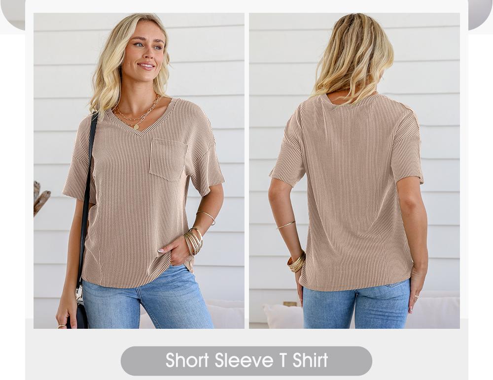 EVALESS Women's Oversized Summer T Shirts Tops V Neck Short Sleeve Ribbed Knitted Casual Loose Fit Blouses with Pocket 2026 Womenswear Outfits Summervibes Deals For You Days summer outfits