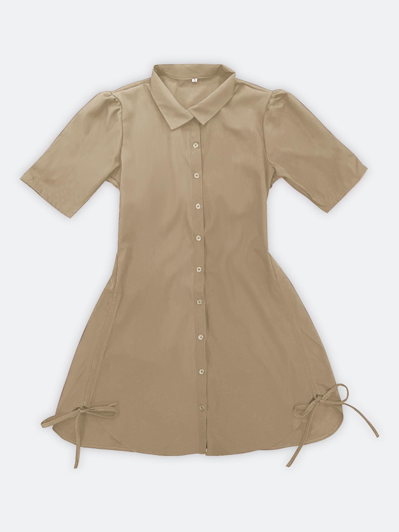 Women's Solid Color Shirt Collar Button Front Dress, Casual Short Sleeve Curved Hem Dress for Daily Wear