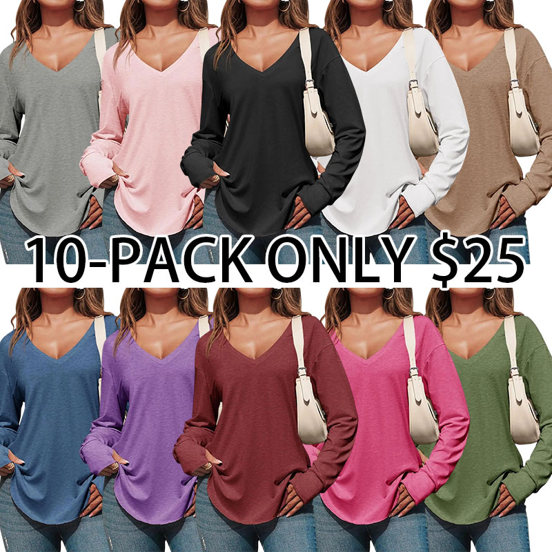 Womens Deep V Neck Tunic Tops Long Sleeve Oversized Casual Loose Fit Curved Hem T Shirts