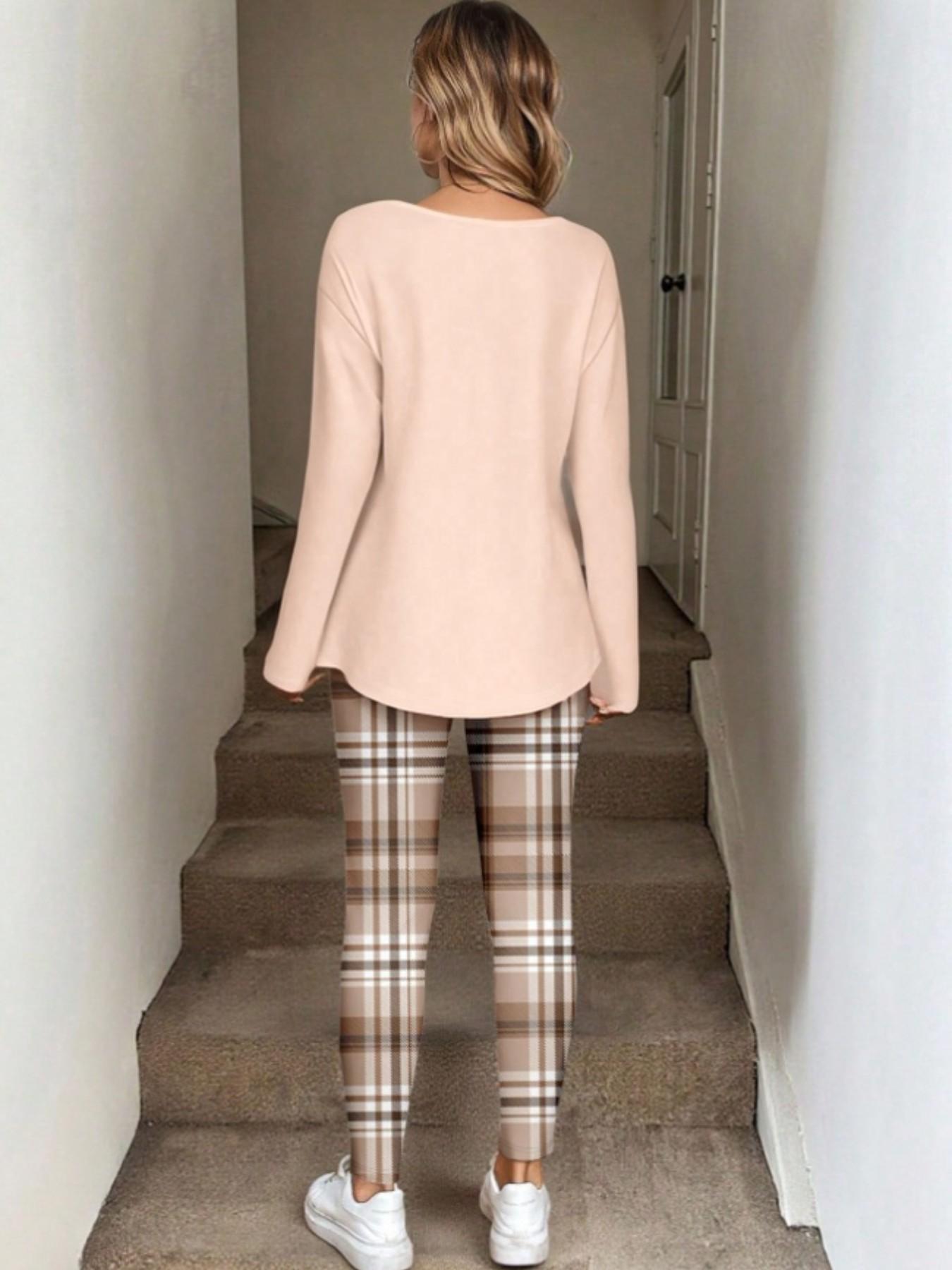 2pcs/Set Women Long Sleeve T-Shirt And Leggings, spring/Autumn/Winter Work From Home Outfit Comfortable Outfits For Women 2 Piece Lounge Sets Woman Lounge Wear Breakfast Outfits For Women