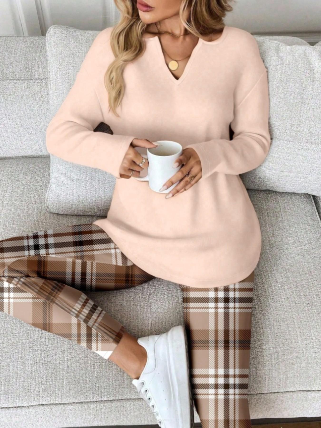 2pcs/Set Women Long Sleeve T-Shirt And Leggings, spring/Autumn/Winter Work From Home Outfit Comfortable Outfits For Women 2 Piece Lounge Sets Woman Lounge Wear Breakfast Outfits For Women