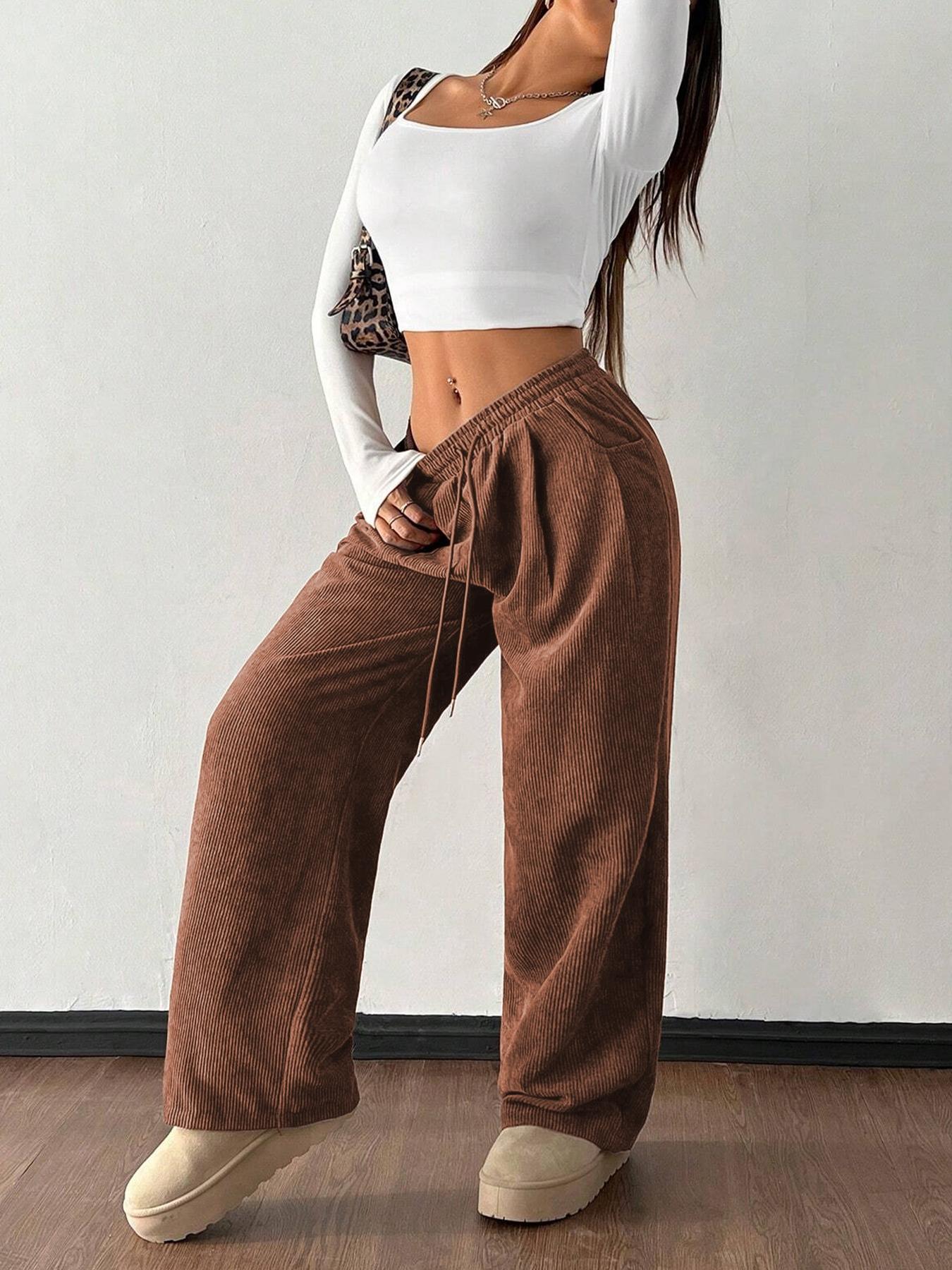 Women's Vintage Appeal Basic Loose-Fitting Baggy Solid Corduroy Drawstring Adjustable Bottom Pants, Womenswear Casual All-Season Straight Leg Trousers for Autumn & Winter Valentine's Day