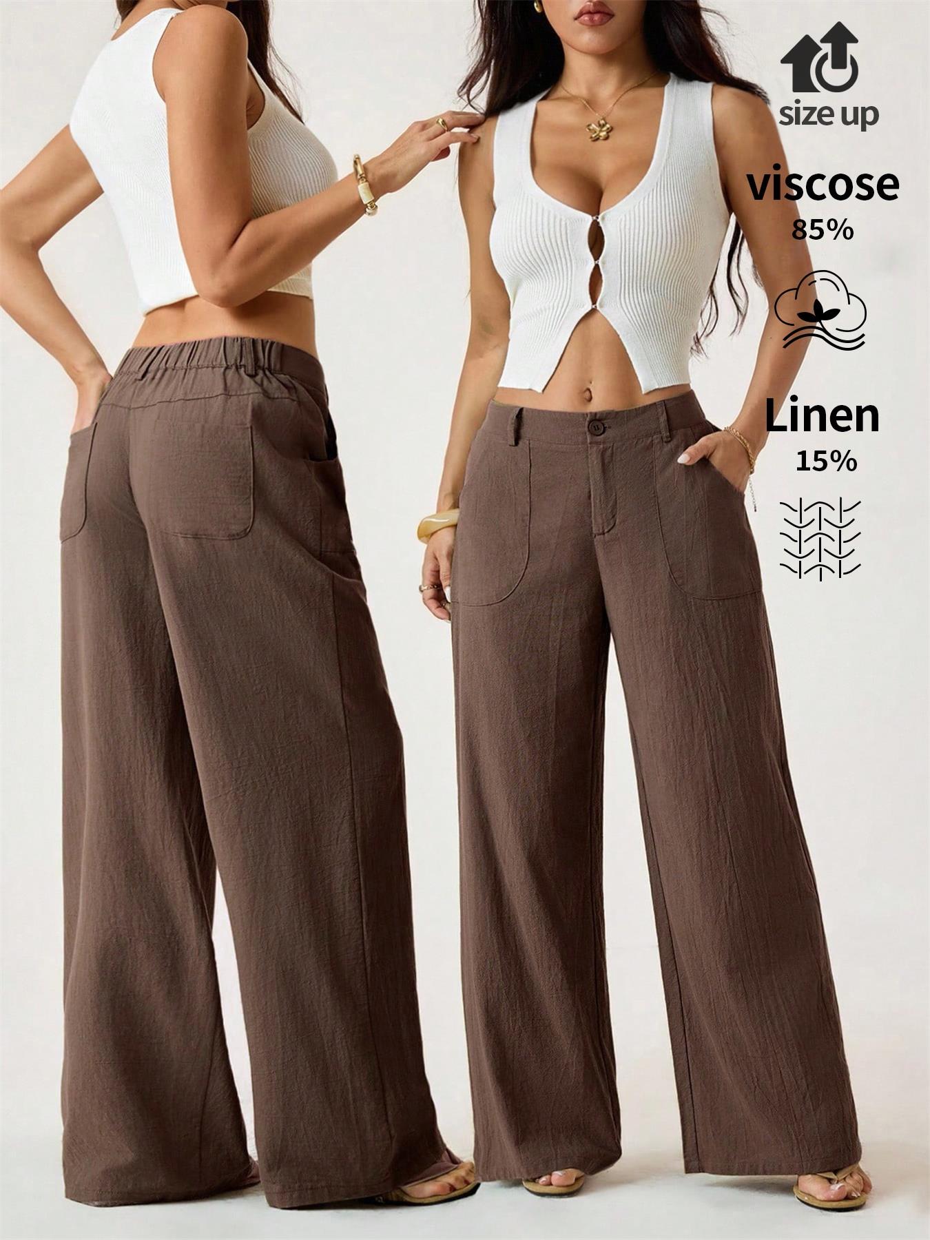 Women's Classical Chic Linen Palazzo Pants Summer Flowy Loose Wide Straight Leg Beach Trousers With Pocket Casual Solid Color Soft Elastic High Waist Lounge Pants Travel Vacation Bottoms Date Brunch Home Work Streetwear Outfit