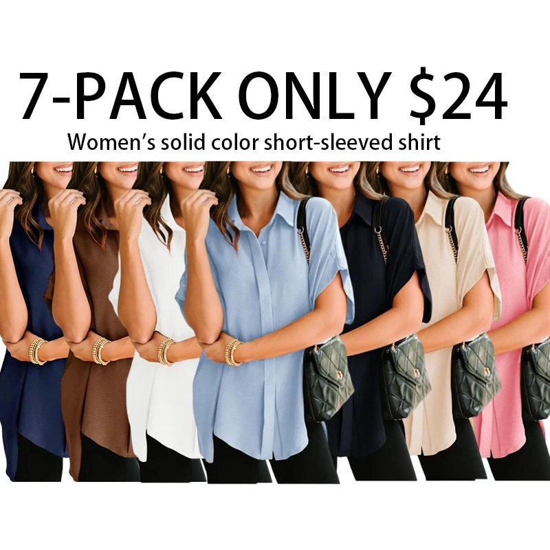 Women's Tops Dressy Casual V Neck Button Down Shirts Solid Short Sleeve Blouses Oversized Fit