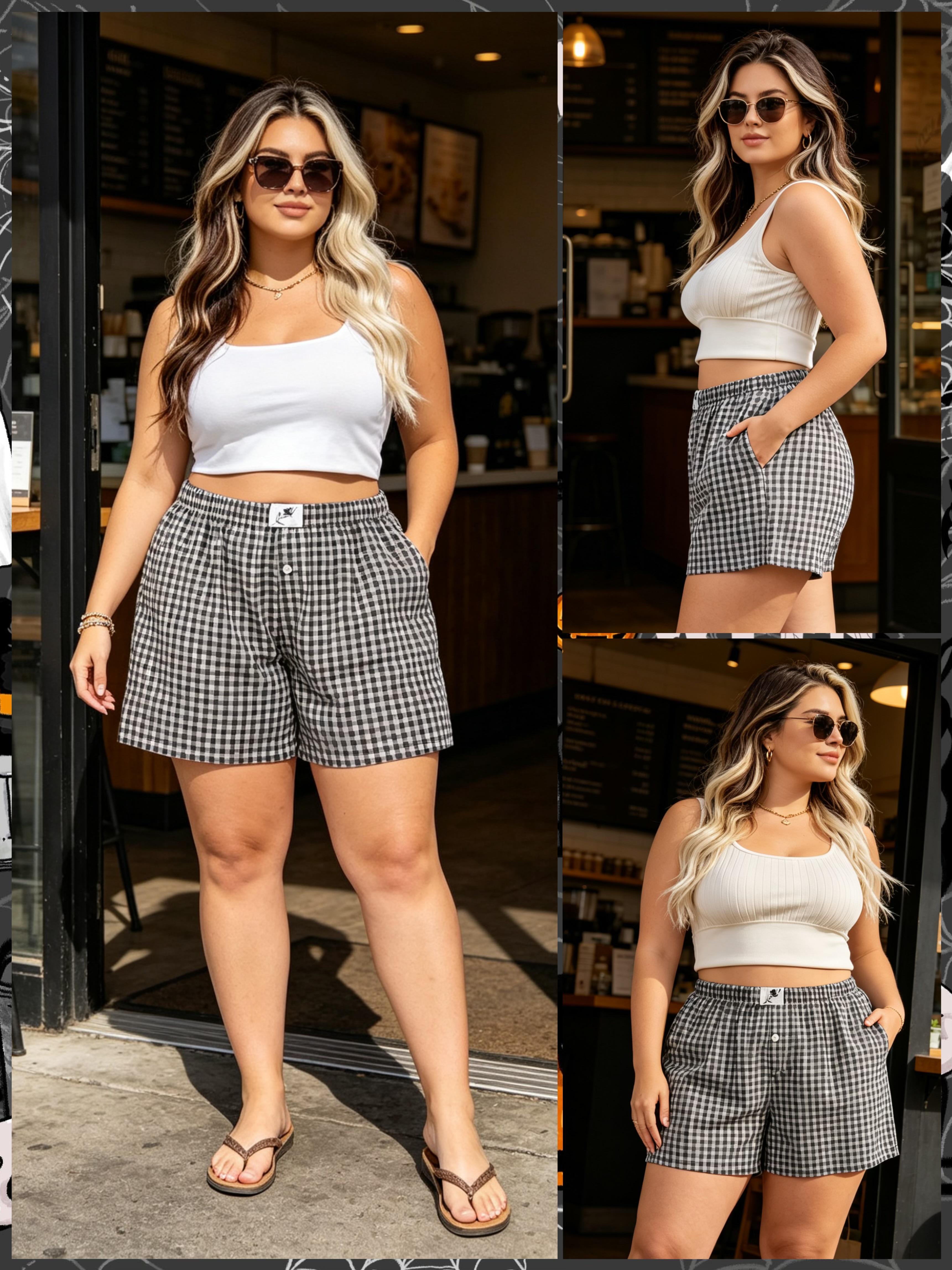 COOTRY【Plus Size】Women's Plaid Print Patched Elastic Waist Shorts, Gingham Boxer Shorts, Checkerboard Print Shorts,Casual Comfy Straight Leg Shorts for Summer,Ladies Bottoms for Daily Wear| Plus Size Fashion|Hide Belly Shorts|Flattering Fit