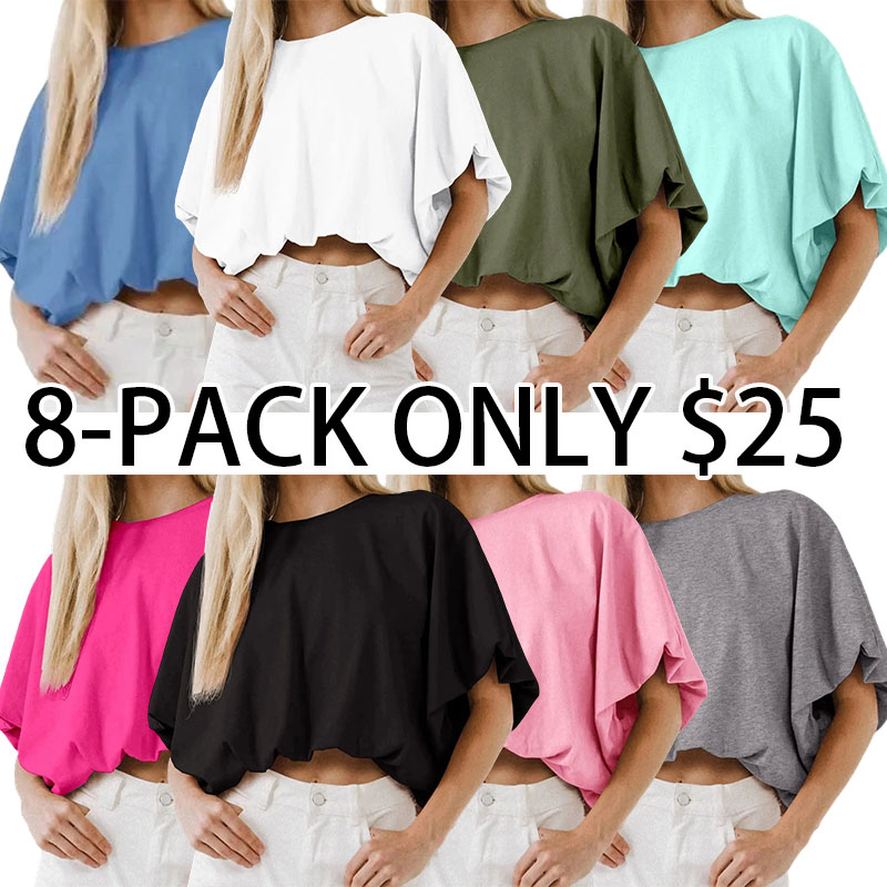 Women's Summer Crewneck Crop Tops Short Sleeve Casual Loose Cropped T Shirts