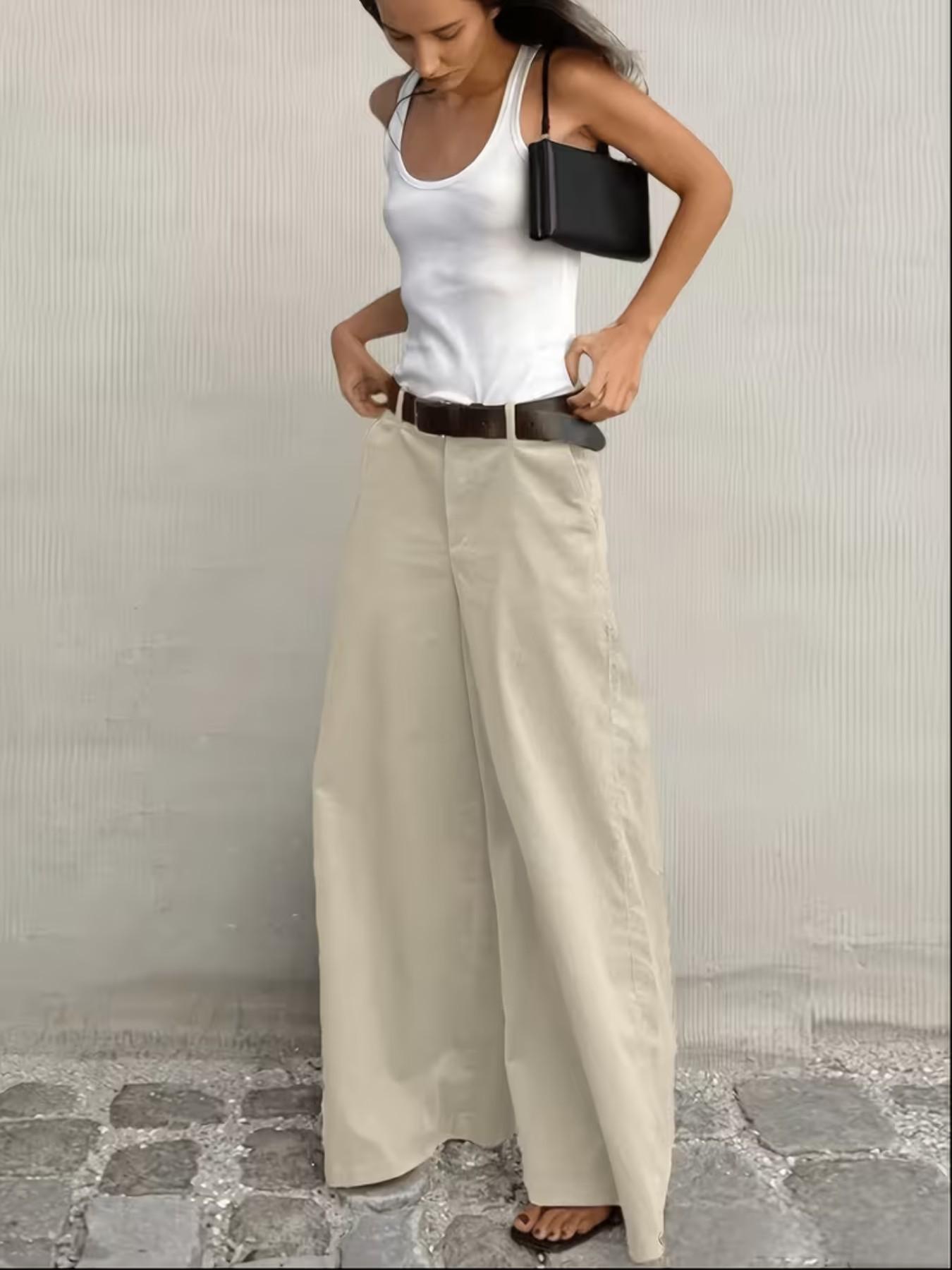 Women's Fashion Elegant Casual Office Pants, Solid Color Wide Leg, Comfortable Soft Material, 2 Pockets, No Belt, All Seasons