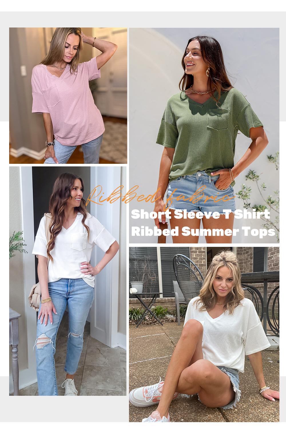 EVALESS Women's Oversized Summer T Shirts Tops V Neck Short Sleeve Ribbed Knitted Casual Loose Fit Blouses with Pocket 2026 Womenswear Outfits Summervibes Deals For You Days summer outfits