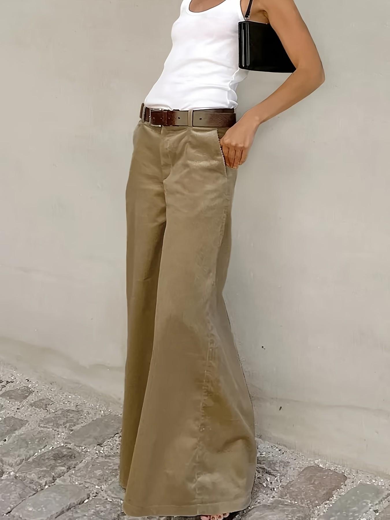 Women's Fashion Elegant Casual Office Pants, Solid Color Wide Leg, Comfortable Soft Material, 2 Pockets, No Belt, All Seasons