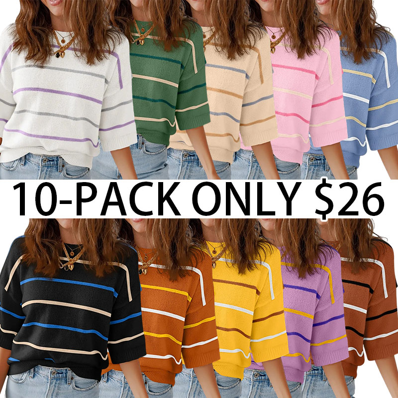 Women's Striped Knit Round Neck Shortsleeve Baggy Pullover - Ribbed Neck & Cuff
