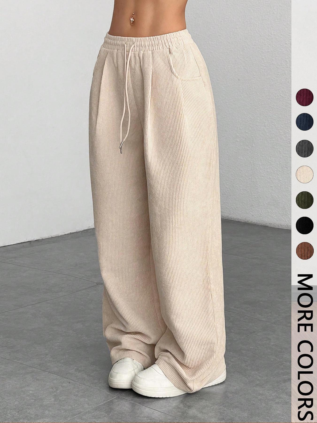 Women's Vintage Appeal Basic Loose-Fitting Baggy Solid Corduroy Drawstring Adjustable Bottom Pants, Womenswear Casual All-Season Straight Leg Trousers for Autumn & Winter Valentine's Day