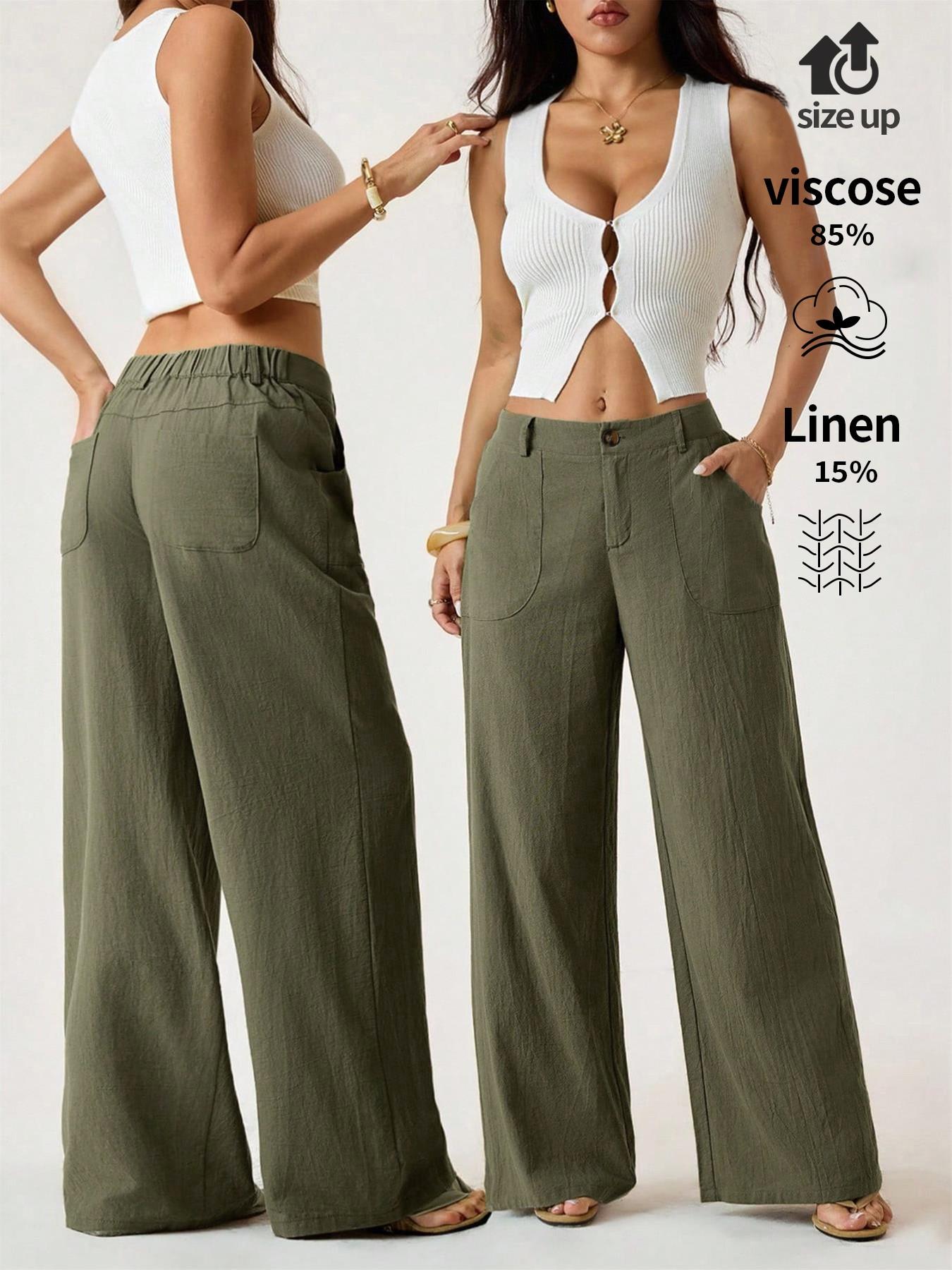 Women's Classical Chic Linen Palazzo Pants Summer Flowy Loose Wide Straight Leg Beach Trousers With Pocket Casual Solid Color Soft Elastic High Waist Lounge Pants Travel Vacation Bottoms Date Brunch Home Work Streetwear Outfit