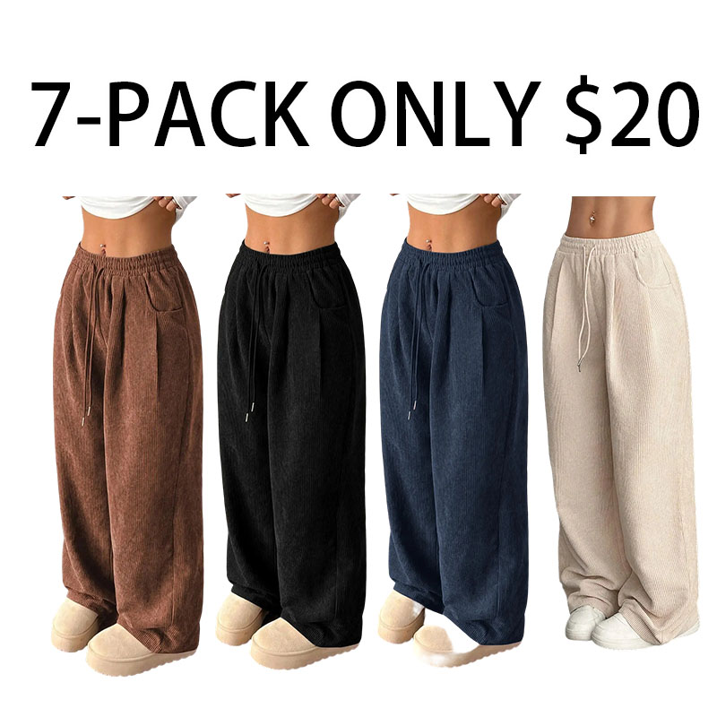 Women's Vintage Appeal Basic Loose-Fitting Baggy Solid Corduroy Drawstring Adjustable Bottom Pants 