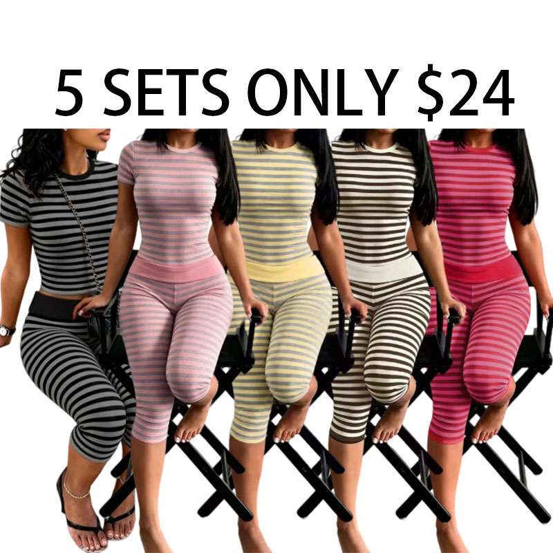 Yellow Grey Striped Two Piece Loungewear Set Crew Neck Short Sleeve Slim Crop Top High Waist Capri Leggings