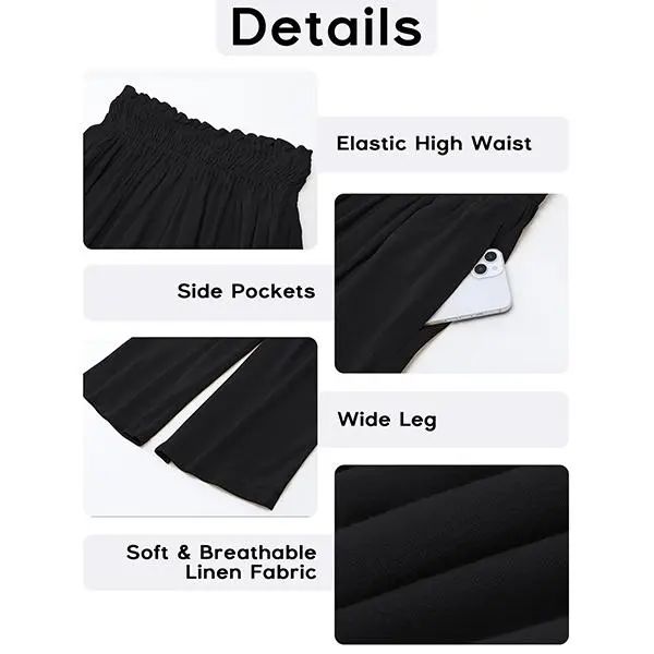 Linen Capri Pants for Women High Waisted Wide Leg Linen Palazzo Trousers Pull On Elastic Smock Waist Loose Flowy Pants