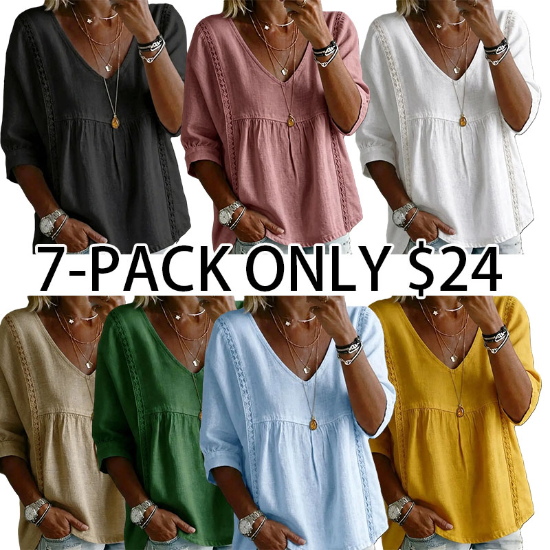 Women's Elegant Lacy V-Neck Blouse - 3/4-Length Puff Sleeves, Side Lace Cut-Outs