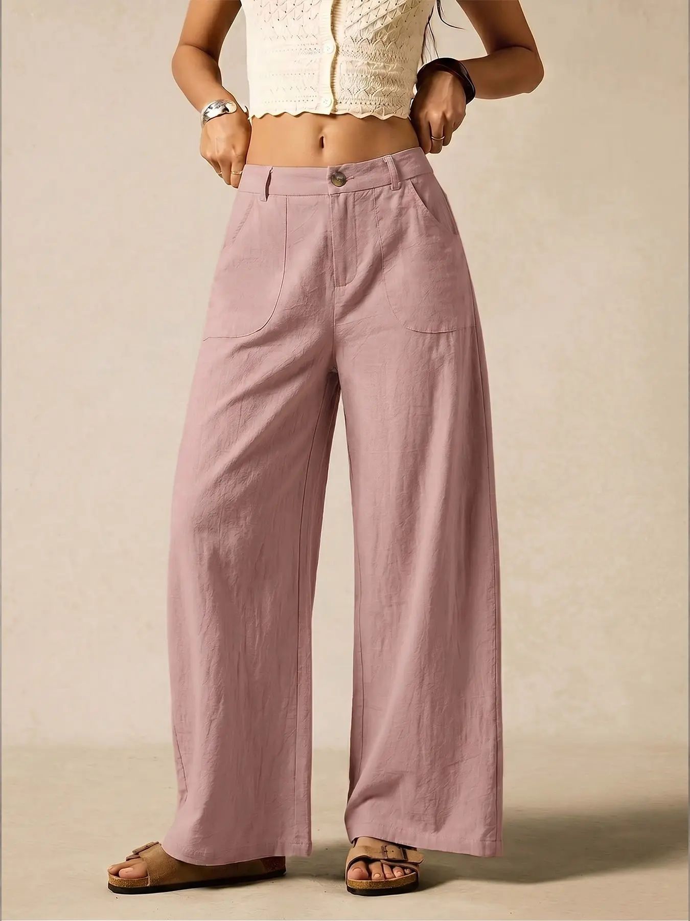 Women's Summer Linen Breathable Lightweight Palazzo Pants Flowy Wide Straight Leg Beach Trousers