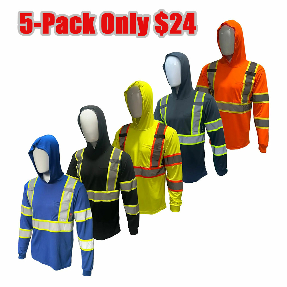 5 PACK SHIRT High Visibility Hoodie Long Sleeve Safety Shirt with hoodie Polyester Birdeye Mesh in various color