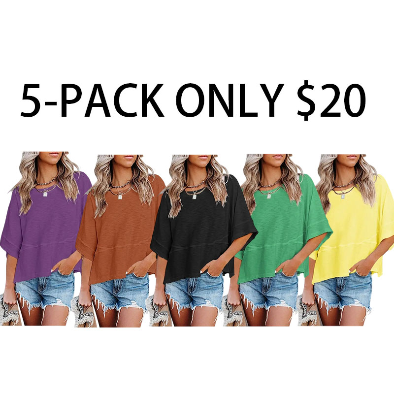 Women's Summer Casual Crewneck Batwing Half-Sleeve Oversized Tshirt - Loose Fit