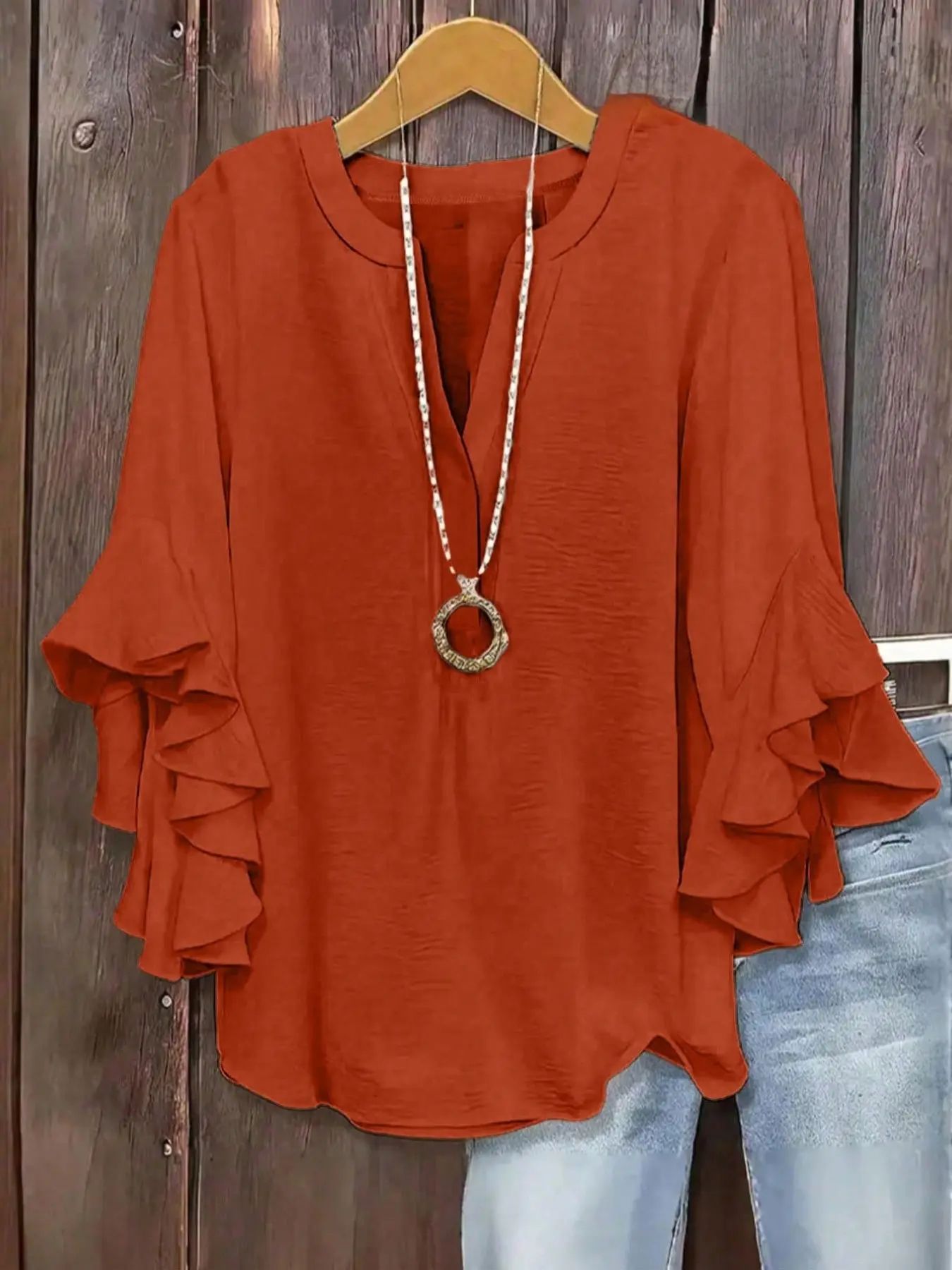 Plus Size Women's Ruffled Sleeve V-Neck Shirt Blouse, Elegant Floral Design, Comfortable and Stylish, Perfect for Casual Wear