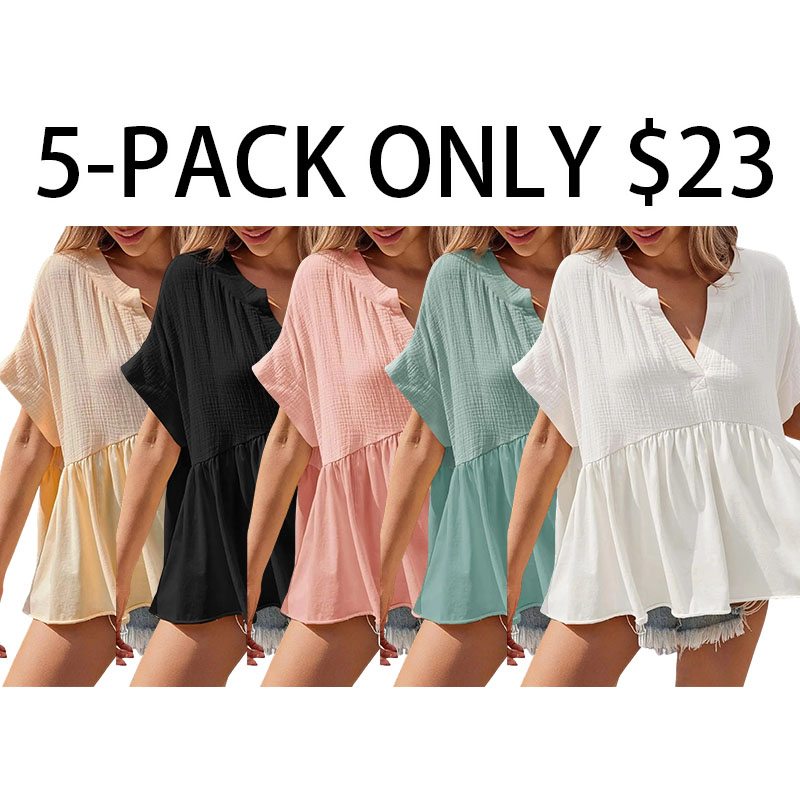 Womens Summer Babydoll Tops V Neck Short Sleeve Pleated Flowy Shirts Casual Loose Fit Peplum Blouse