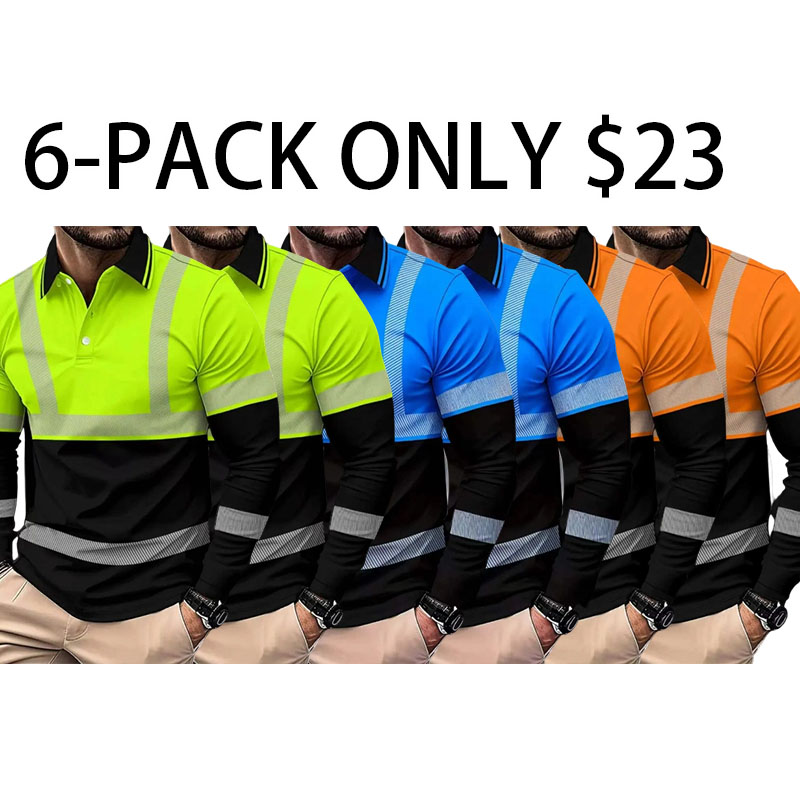 Workwear-style Casual men's long-sleeved premium fitted polo shirt -Full-width reflective stripe design