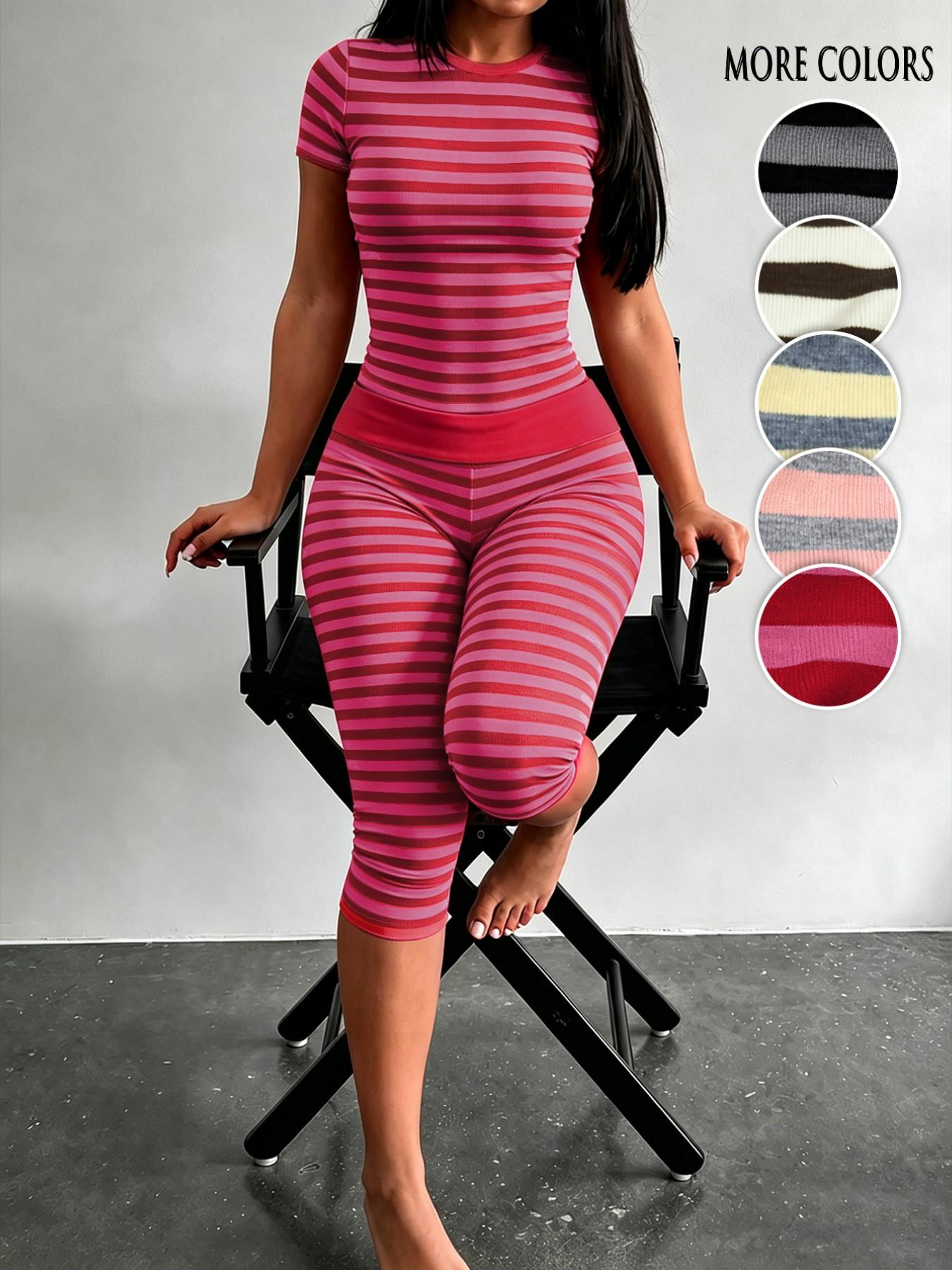 Yellow Grey Striped Two Piece Loungewear Set Crew Neck Short Sleeve Slim Crop Top High Waist Capri Leggings Stretch Fitted Matching Outfit ideal for home relaxation gym training grocery runs and casual everyday all season comfy outfits Multicolor