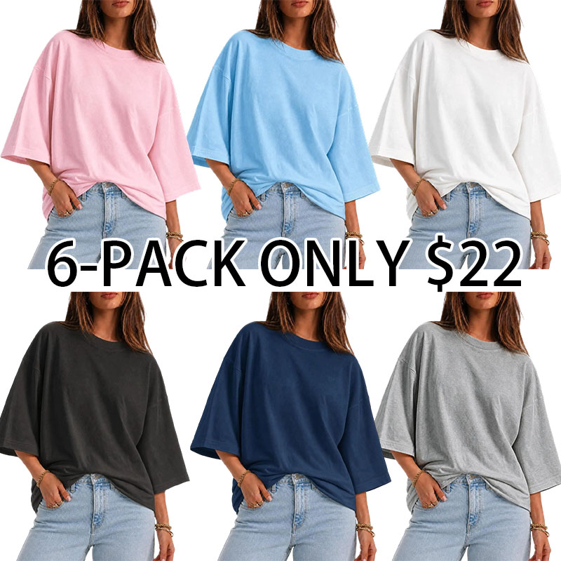 Women's Oversized Cotton-Elastane Crew Neck 3/4 Sleeve Flowy Baggy Loose-Fitting Casual Fall Basic Top