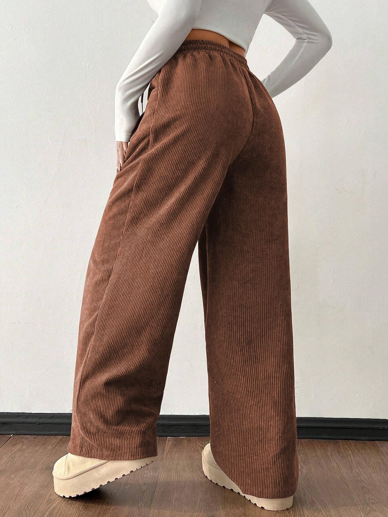 Women's Vintage Appeal Basic Loose-Fitting Baggy Solid Corduroy Drawstring Adjustable Bottom Pants, Womenswear Casual All-Season Straight Leg Trousers for Autumn & Winter Valentine's Day