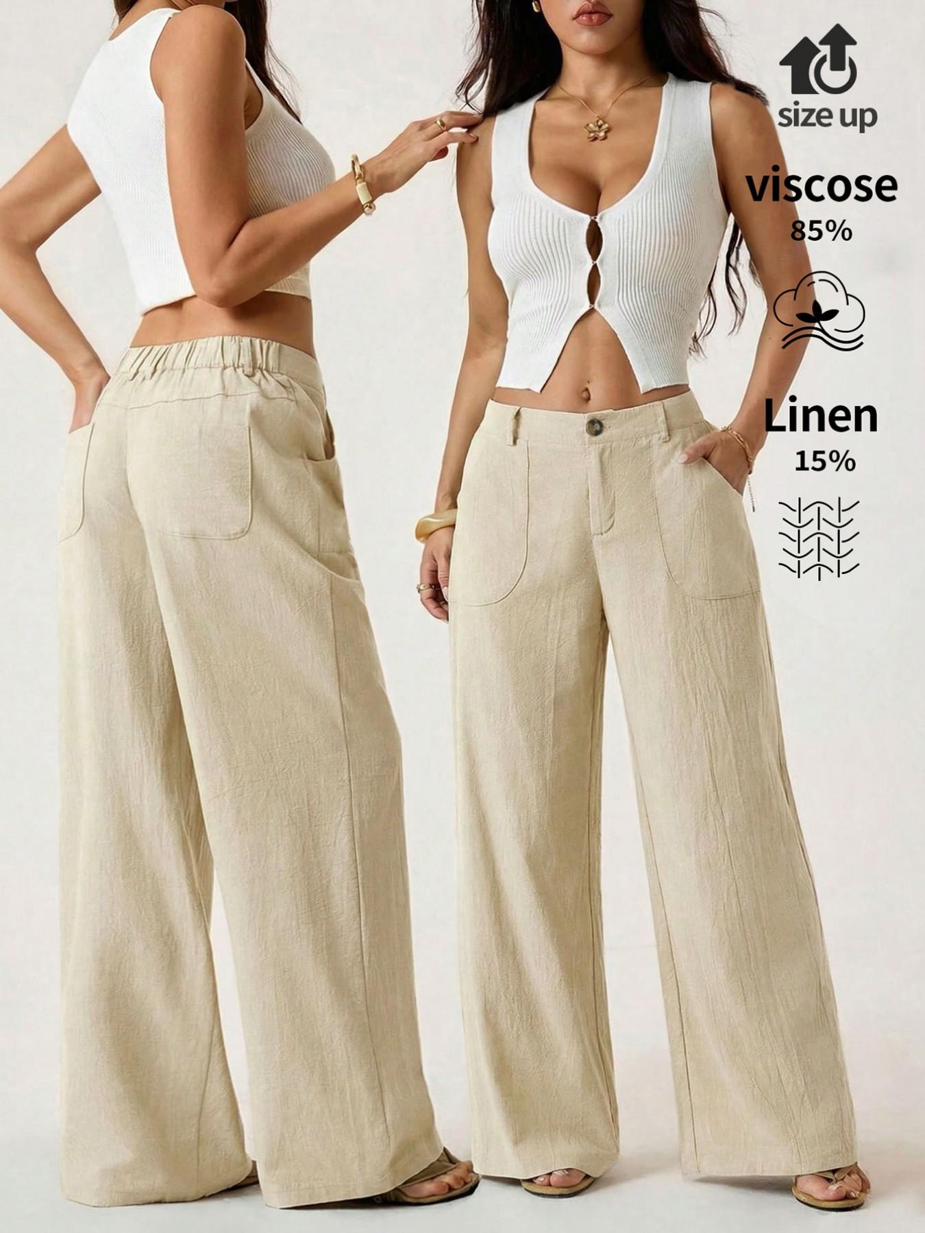 Women's Classical Chic Linen Palazzo Pants Summer Flowy Loose Wide Straight Leg Beach Trousers With Pocket Casual Solid Color Soft Elastic High Waist Lounge Pants Travel Vacation Bottoms Date Brunch Home Work Streetwear Outfit