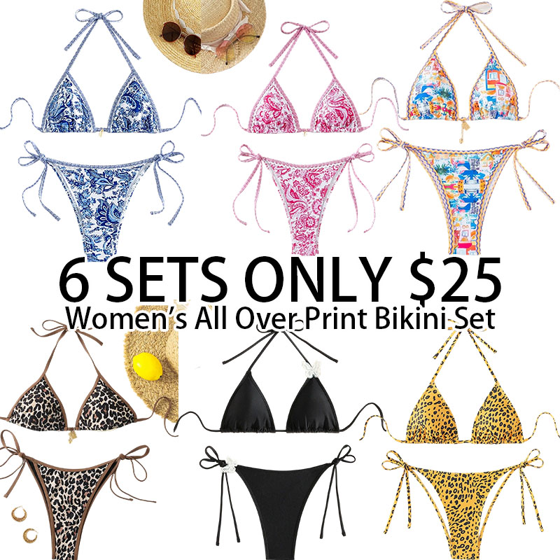 Women's All Over Print Bikini Set, Chic Halter Neck Swim Bra & Tie Side Swim Thong