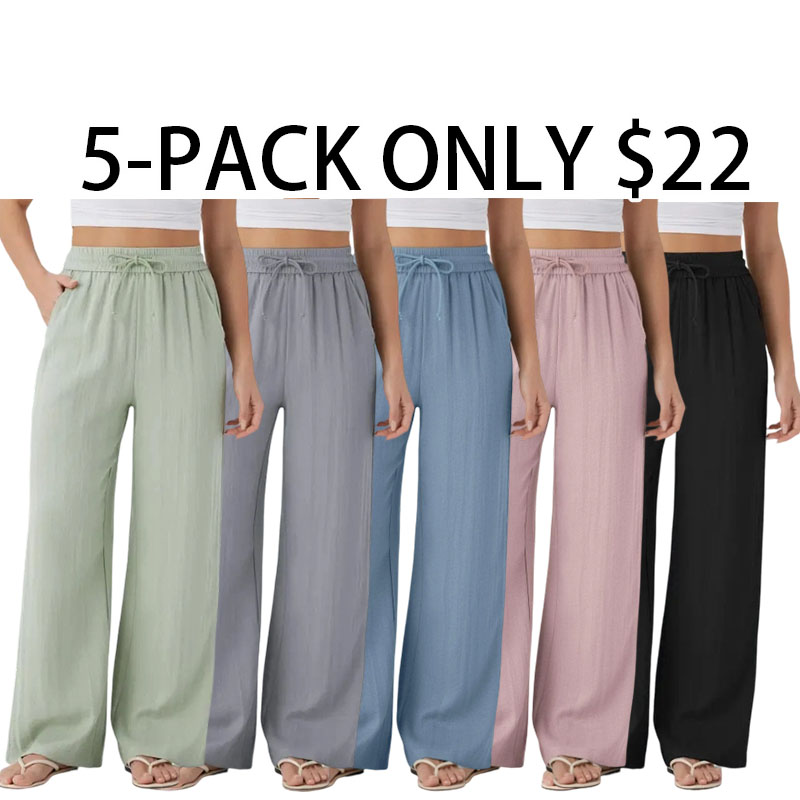 High Waisted Drawstring Pocket Wide Leg Baggy Casual Linen-Feel Pants