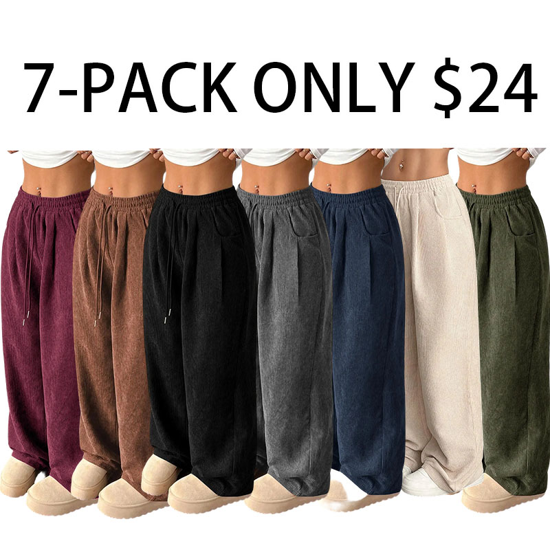 Women's Vintage Appeal Basic Loose-Fitting Baggy Solid Corduroy Drawstring Adjustable Bottom Pants 