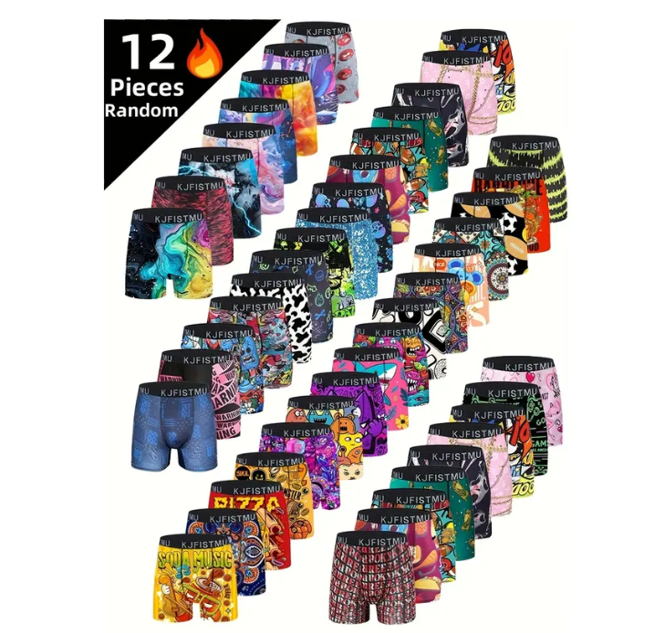 12pcs Men's Cartoon Tie-Dye Striped Boxer Briefs - Soft, Comfortable & Breathable Polyester Blend