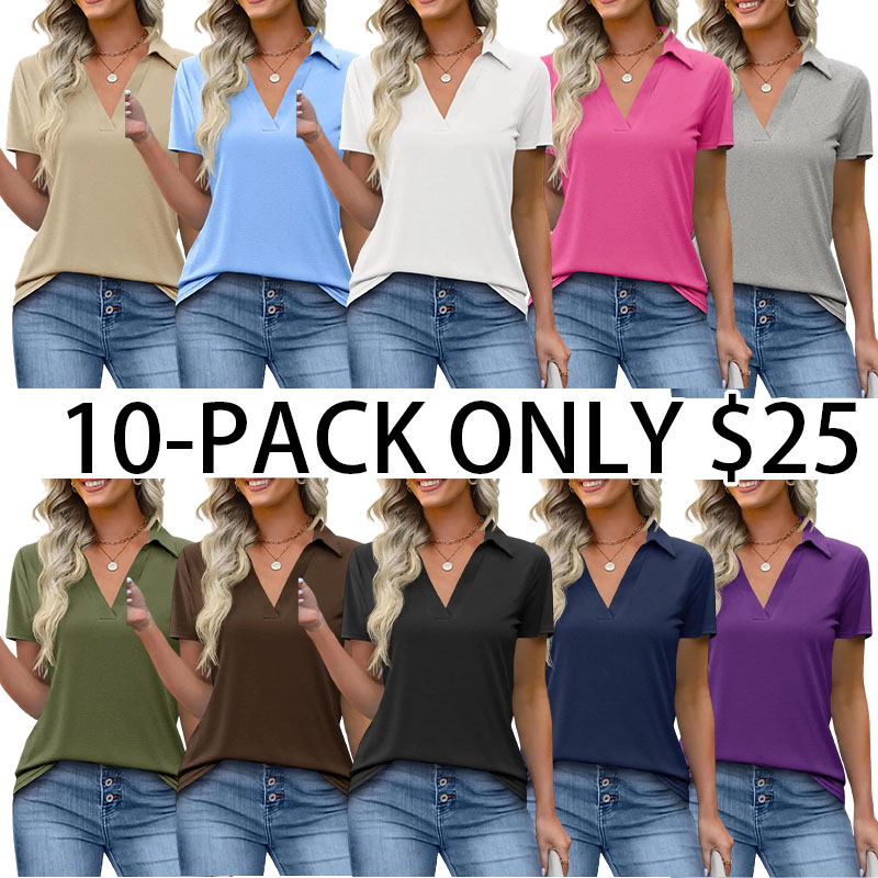 Women's Washed Look Polo Shirt, Stylish Fitted V-Neck Top