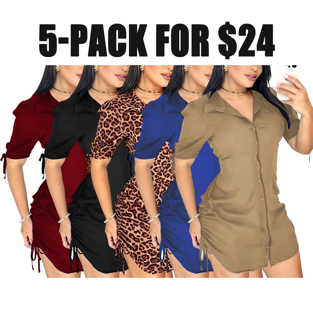 Women's Solid Color Shirt Collar Button Front Dress, Casual Short Sleeve Curved Hem Dress for Daily Wear