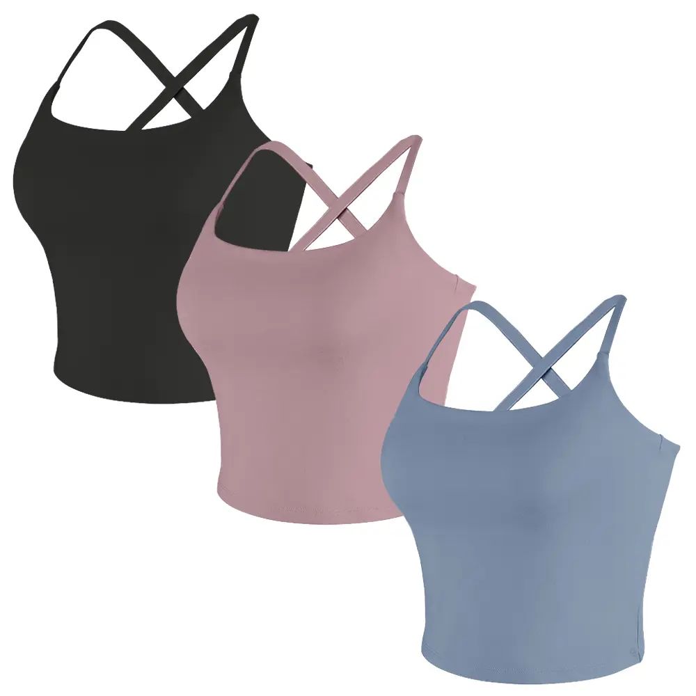 【3-Day Shipping】2026 New Adjustable Straps Built-in Bra Tank Top - Cross Back VS Spaghetti Straps & Scoop Neck, Slim Cute Buttery Soft Thicker Fabric Longline Sports Bra with Built-in One-Piece Bra Pads Yoga Wear Fitness Yoga Gym Activewear
