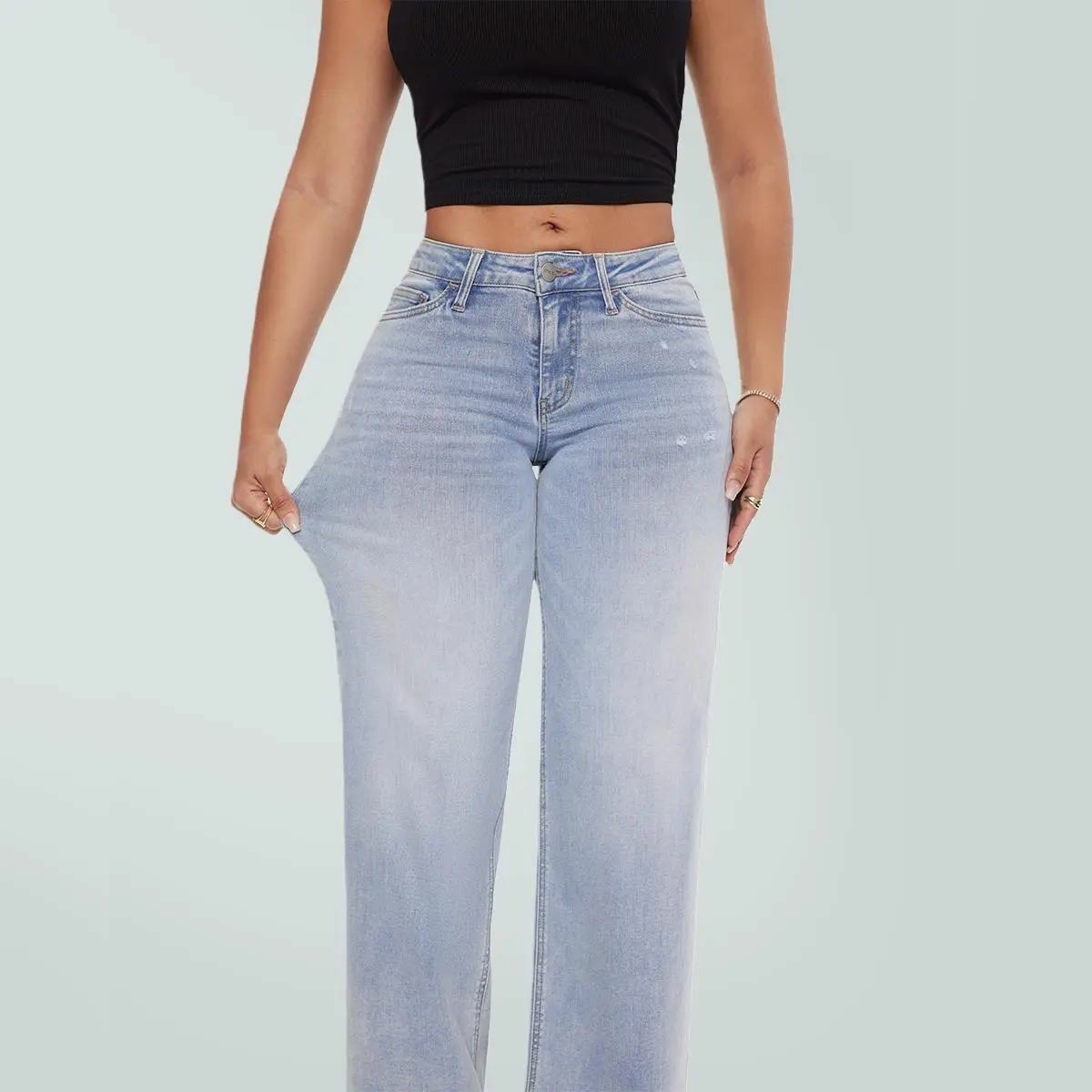 Mid-low Rise Baggy Jeans Stretchy Wide Leg for Women Distressed Pants