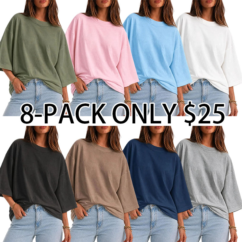 Women's Oversized Cotton-Elastane Crew Neck 3/4 Sleeve Flowy Baggy Loose-Fitting Casual Fall Basic Top