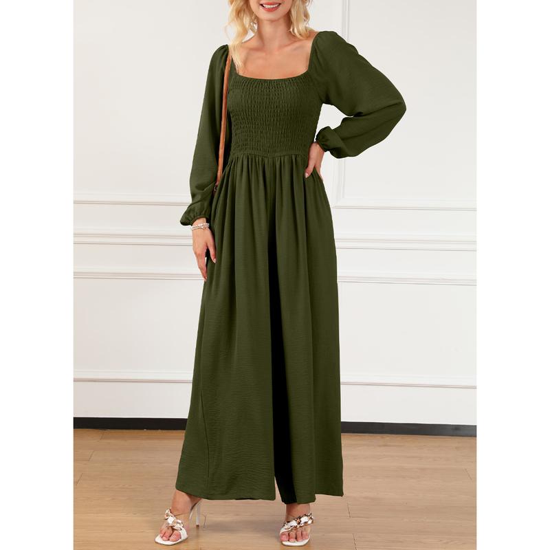 Women's Casual Loose Overalls Jumpsuits One Piece Long Sleeve Wide Leg Long Pant Rompers With Pockets