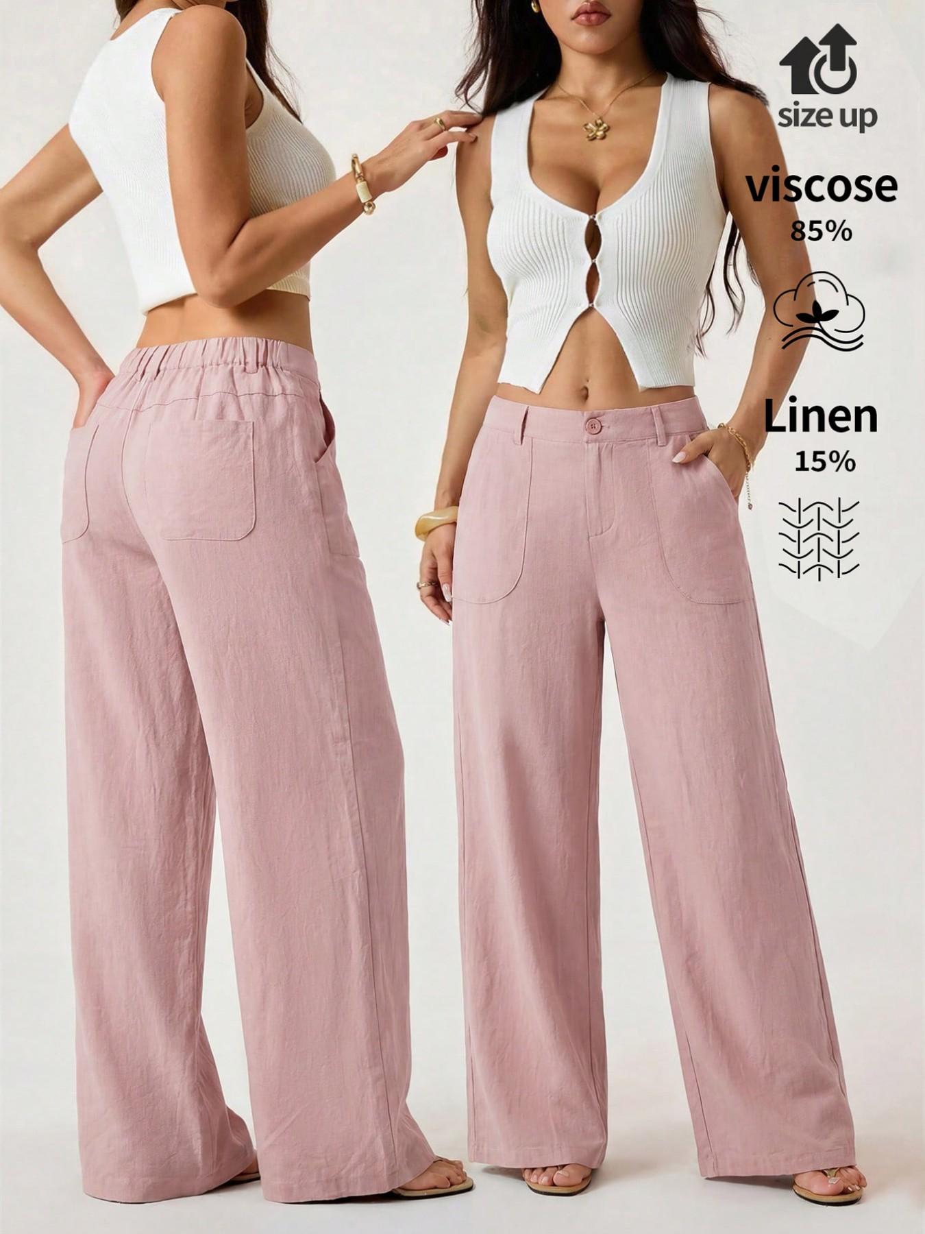 Women's Classical Chic Linen Palazzo Pants Summer Flowy Loose Wide Straight Leg Beach Trousers With Pocket Casual Solid Color Soft Elastic High Waist Lounge Pants Travel Vacation Bottoms Date Brunch Home Work Streetwear Outfit