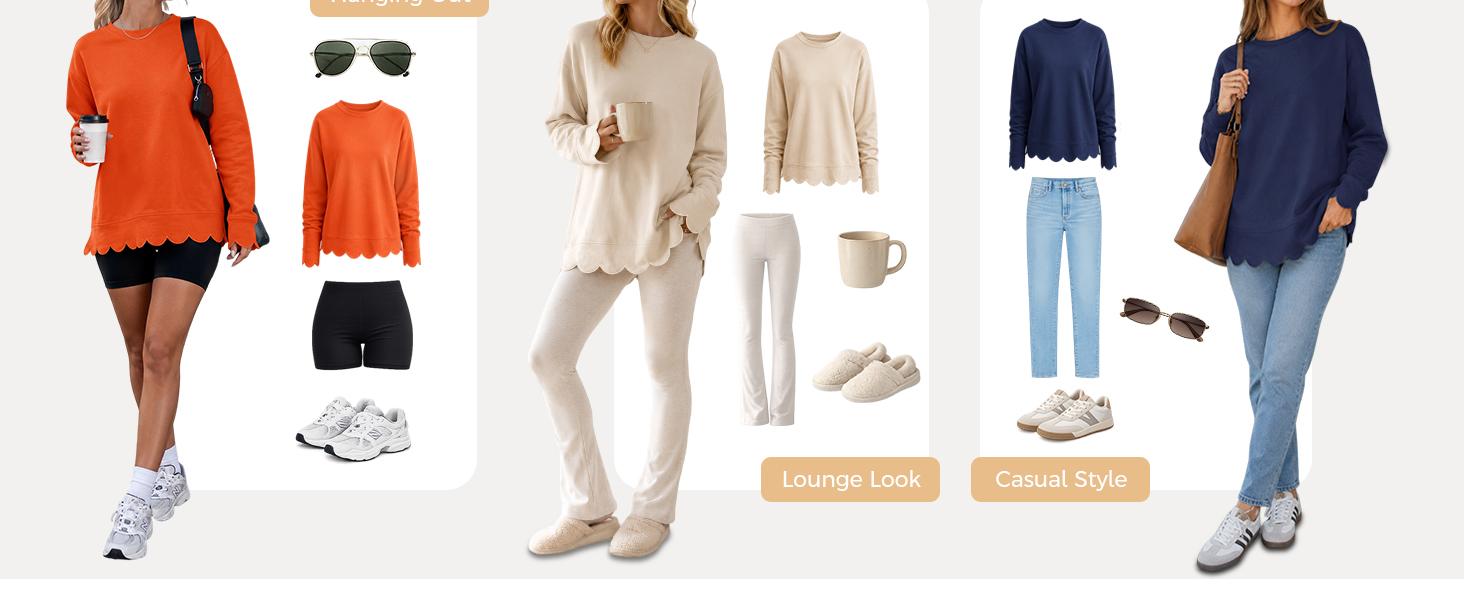 Fisoew Women's Light Vintage Heather Crew Neck Oversized Tunic Sweatshirt - Long Sleeve, Wavy Scallop Hem & Cuff, Loose Essential Everyday Fall Layering Pullover Top, Feminine